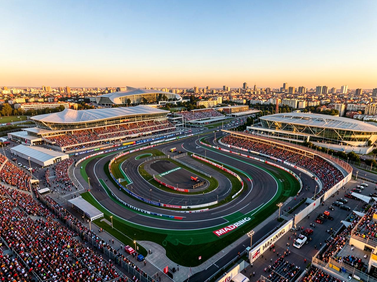 Aerial view of the MADRING Formula 1 circuit in Madrid with grandstands